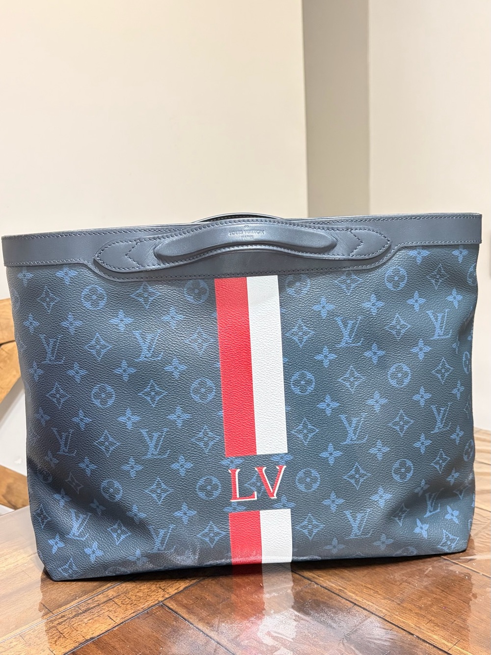 Louis Vuitton Blue Monogram Canvas Tote with Red and White Center Stripe